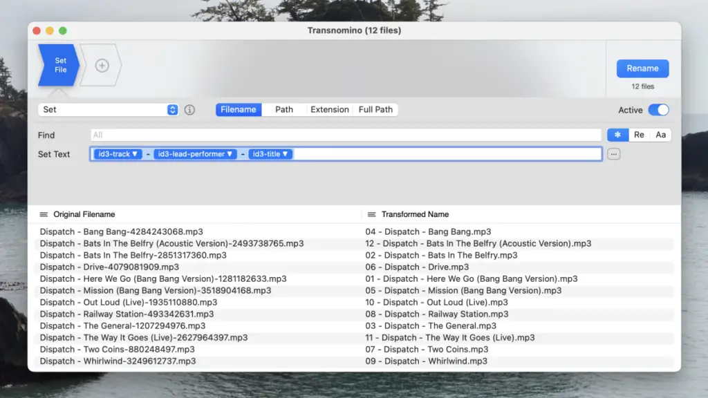 You should use Transnomino to rename and reorganize your Mac files