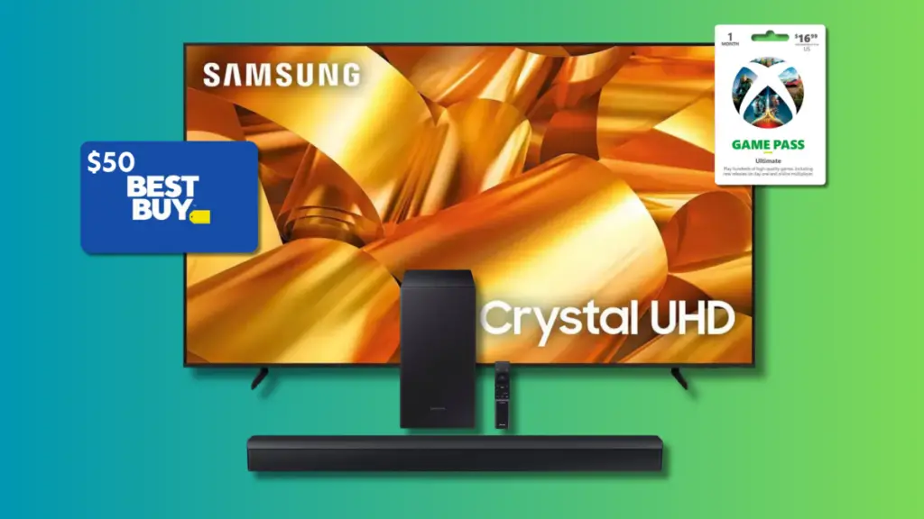 This 75-inch Samsung TV comes with a free soundbar and subwoofer combo and a $50 gift card