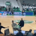 Pro-Palestinian activists storm the basketball court during the game between Israel and France