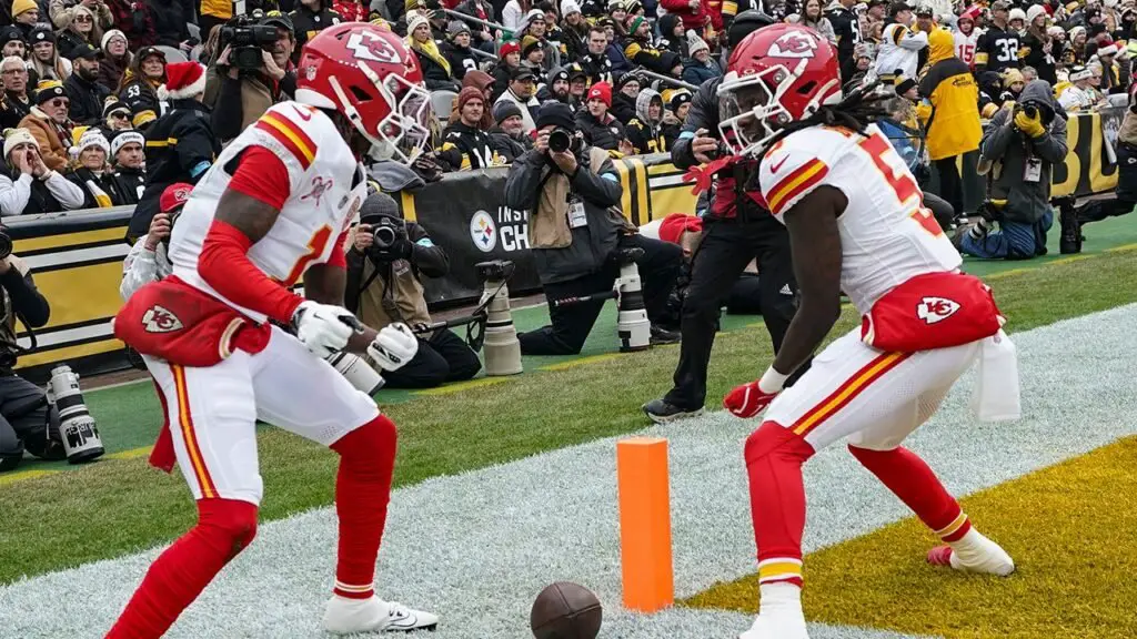 Xavier Worthy of the Chiefs hits a penalty after the touchdown, sparking excitement among fans