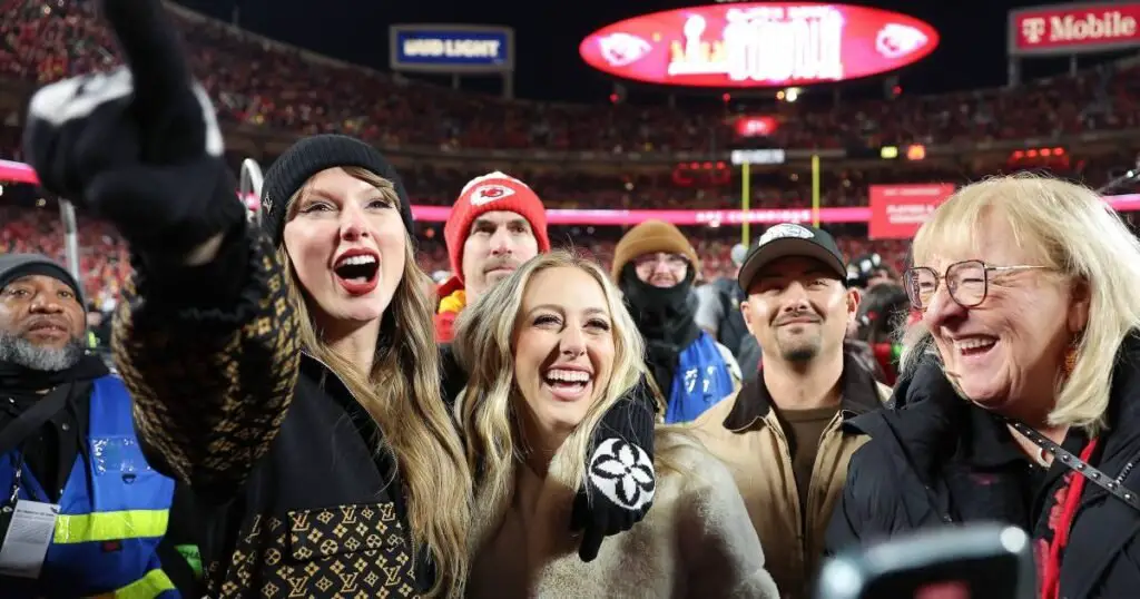 Taylor Swift and Brittany Mahomes hug and cheer after Chiefs AFC win