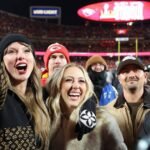 Taylor Swift and Brittany Mahomes hug and cheer after Chiefs AFC win