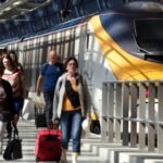 Eurostar trains between Paris and London, which are hung near the bombs near the tracks after the First World War