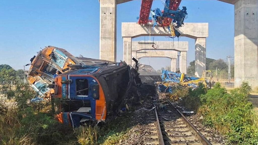 A crane falls onto a passenger train in a fatal accident in Thailand